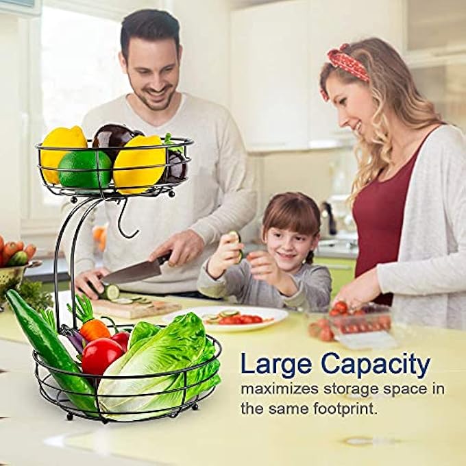 Auledio FRUIT BASKET FOR KITCHEN COUNTER, IRON 2-TIER COUNTERTOP FRUIT VEGETABLES BASKET BOWL STORAGE WITH BANANA HANGER, BLACK - Image 4